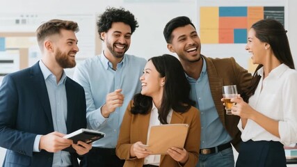 Group of cheerful business professionals sharing a laugh during an informal meeting in modern office. They look relaxed, collaborative, and engaged in a positive team environment. - Powered by Adobe