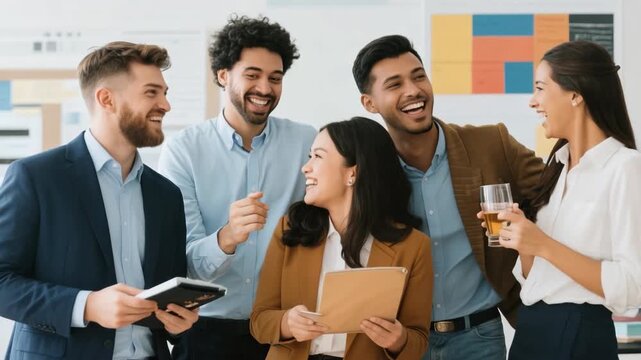 Group of cheerful business professionals sharing a laugh during an informal meeting in modern office. They look relaxed, collaborative, and engaged in a positive team environment. - Powered by Adobe