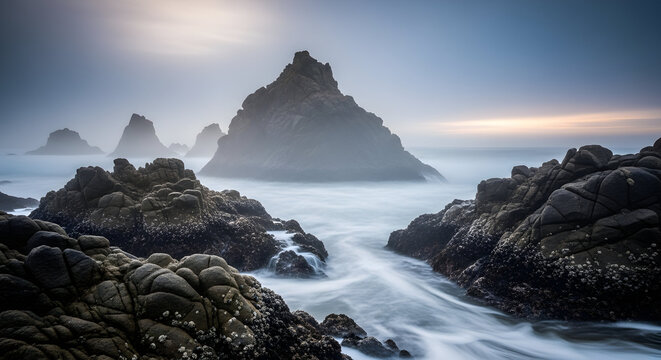 Misty Sea Stacks and Crashing Waves on Rocky Shore