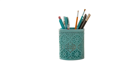 Elegant turquoise pencil holder adorns a stylish desk cut out on PNG. AI GENERATED.
