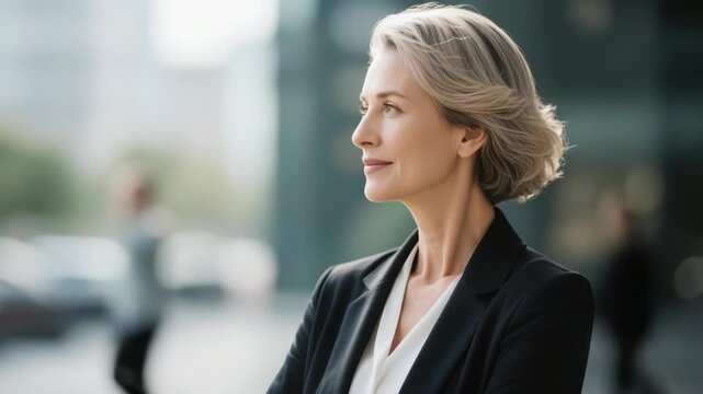 Portrait of a confident mature businesswoman in a stylish suit, standing outside a modern office building, looking ahead with optimism and professionalism.