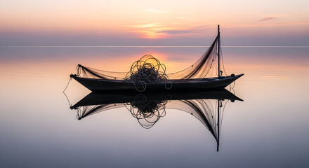 Fishing boat on calm water at sunset