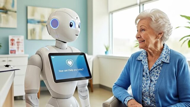 Elderly woman interacting with humanoid robot in a modern care facility