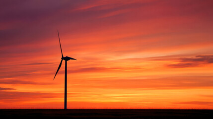 Obraz premium Silhouette of wind turbine at bright sunset, renewable energy landscape with orange sky