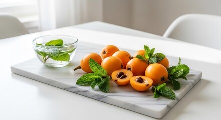 Fresh Loquats and Mint Garnishing on Marble Board with Aromatics Beverage