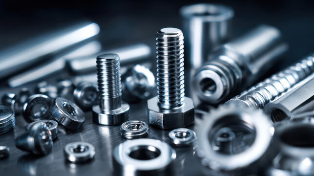 Assortment of shiny metal bolts, nuts and washers, industrial equipment and engineering components