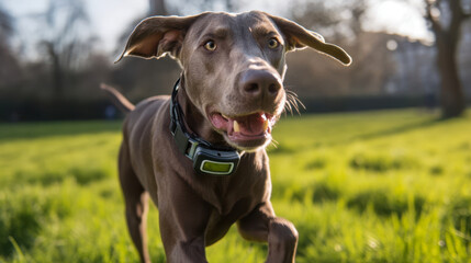 An energetic dog with a smart GPS collar playfully runs through a green park