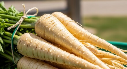 Fresh Parsnips Displayed, Captured With Exquisite Detail, Freshly Harvested in Sunlight