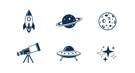 Whimsical collection of space-themed icons including a rocket, planet, moon, telescope, UFO, and stars.