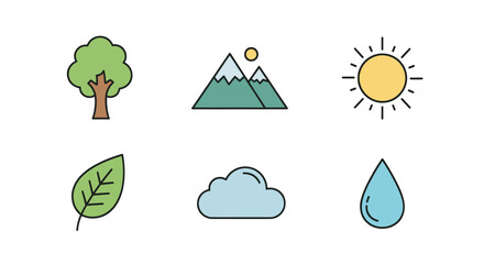 Vibrant icons representing nature's elements: a tree, mountains, sun, leaf, cloud, and water drop.