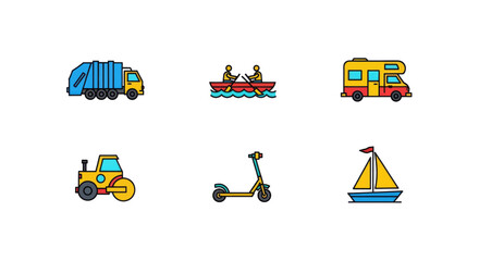 Collection of diverse transportation and vehicle icons representing travel and movement