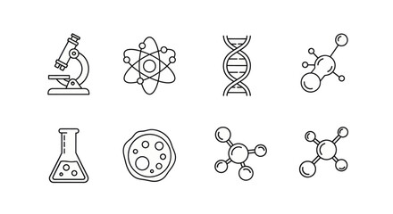 Collection of simple line art icons representing scientific research and discovery