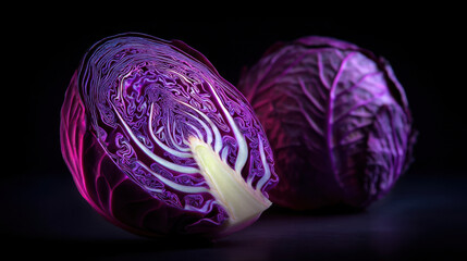 Obraz premium Purple cabbage cut in half on dark background, close-up of fresh red cabbage texture and leaf pattern
