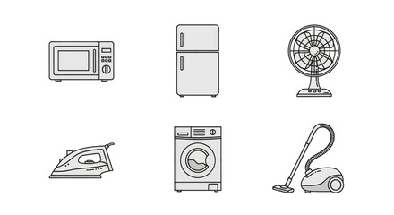 Collection of common household appliances for a modern home, including a microwave, refrigerator, fan, iron, washing machine, and vacuum cleaner.