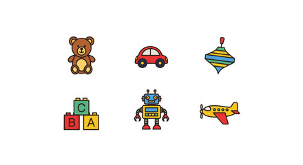 Collection of colorful cartoon toys including a teddy bear, car, spinning top, blocks, robot, and airplane.