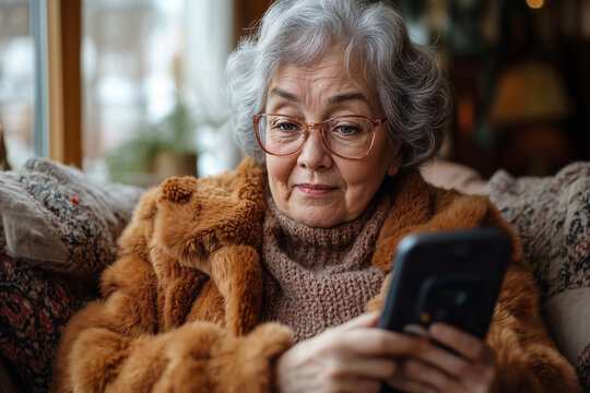 Senior woman using smartphone at home for diabetes self-monitoring, representing healthcare technology, independence, awareness, digital innovation in elderly chronic care. Awareness chronic illness. - Powered by Adobe
