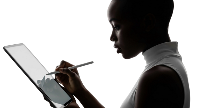 Woman using tablet with stylus isolated on transparent background