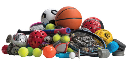 A colorful heap of assorted sports equipment