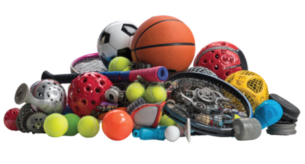 A colorful heap of assorted sports equipment