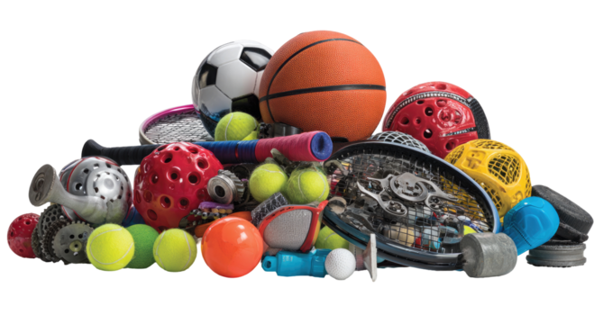A colorful heap of assorted sports equipment