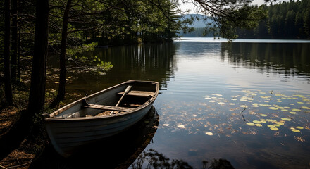 Obraz premium Rowboat Moored by a Serene Forest Lake trees