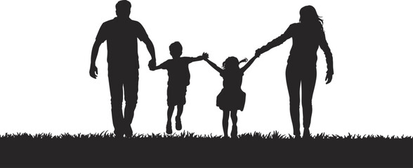 Family silhouette, walking together, parents and children, outdoor bonding, happy childhood, unity, support, grass field, motion, love, parenting, lifestyle