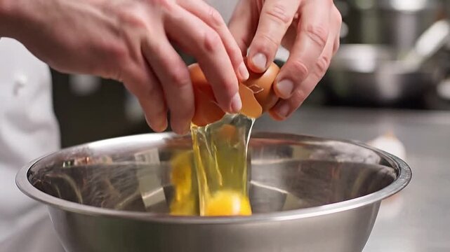 With a satisfying crack, an egg is broken with one hand.