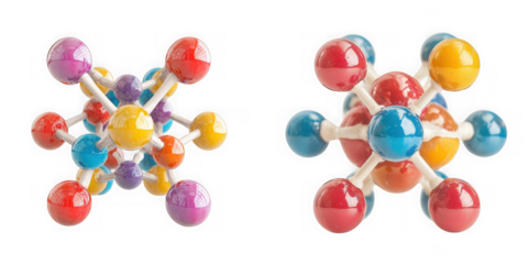 Two colorful molecular models made of spheres and sticks, representing scientific structures, isolated on transparent background