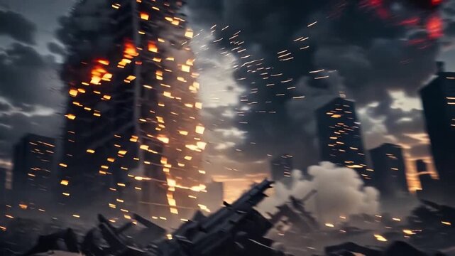 Demolished skyscrapers and chaotic cityscape under attack with massive explosions bombs and debris creating apocalyptic urban warfare destruction cinematic and epic movie scene.
