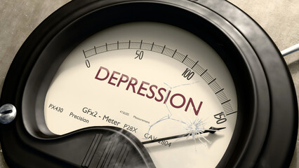 Depression meter showing high levels of depression. Dangerously increasing values of depression, critical overload. Too much, off the charts. Max depression ,3d illustration