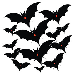 A spooky flock of black halloween bats flying together on a white background