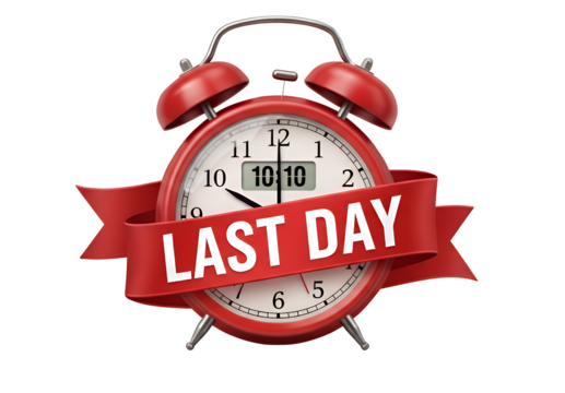 Red alarm clock with a banner reading last day isolated on transparent background, a reminder of the deadline - Powered by Adobe