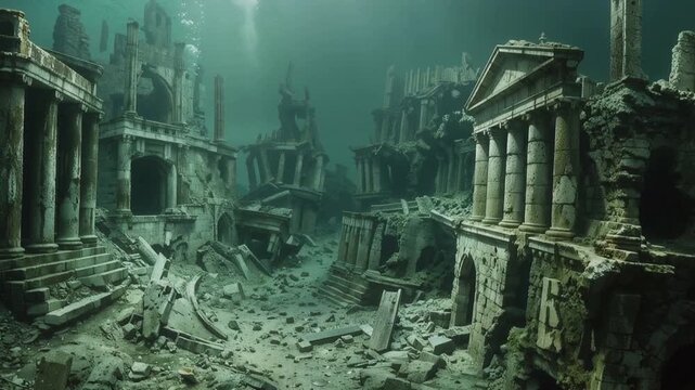 Submerged ancient ruins of lost Atlantis civilization or Lemuria with classical columns beneath turquoise ocean waters. Underwater cinematic landscape