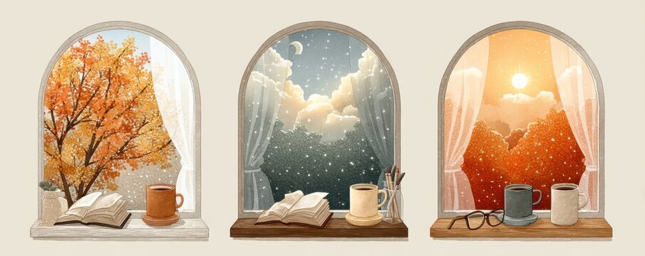 Illustrations of three charming windows depicting changing seasons and cozy interiors