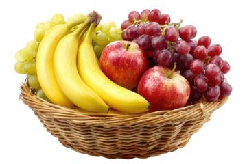 A wicker basket overflowing with fresh fruit.  Yellow bananas, red apples, green grapes, and red grapes are displayed