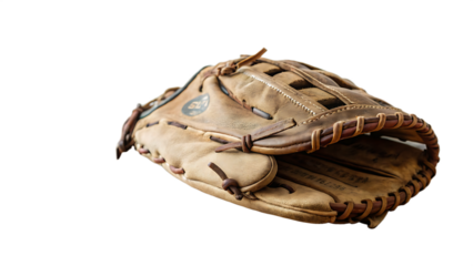 A vintage baseball glove resting on a wooden surface cut out on PNG. AI GENERATED.