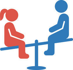 Seesaw balance concept, gender equality, teamwork, physics illustration, playful children, leverage force, red girl, blue boy, stylized vector icon