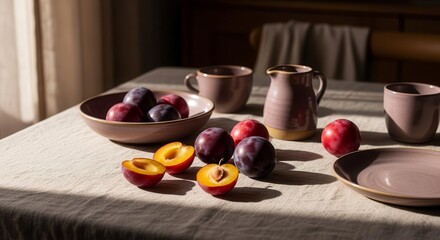 Fresh Plums Displayed On a Table in Natural Light With Rustic Serveware