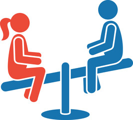 Seesaw balance, teamwork concept, weight distribution, physics illustration, playful children, red and blue figures, vector art, education, equality, motion