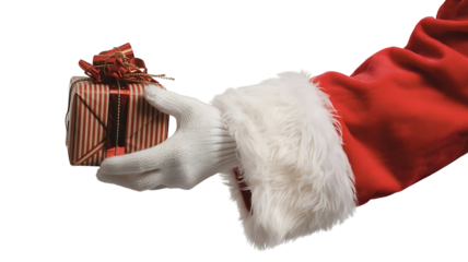 Santa claus hand holding a gift isolated on transparent background