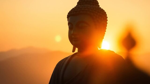 A seated Buddha statue at sunset or sunrise. A clear sky symbolizes a peaceful mindset. 4k video