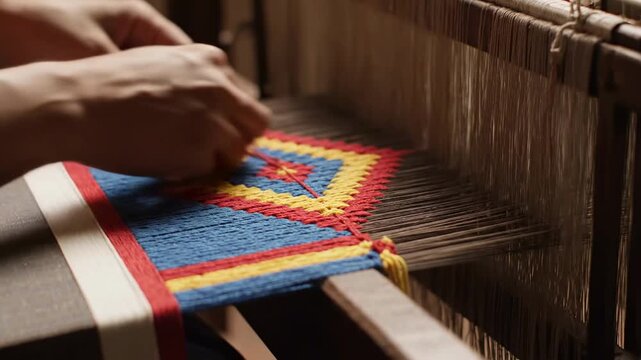 Skilled artisan weaving colorful geometric pattern on loom in natural lighting
