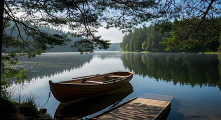 Obraz premium Wooden rowboat moored to a dock on a calm forest lake