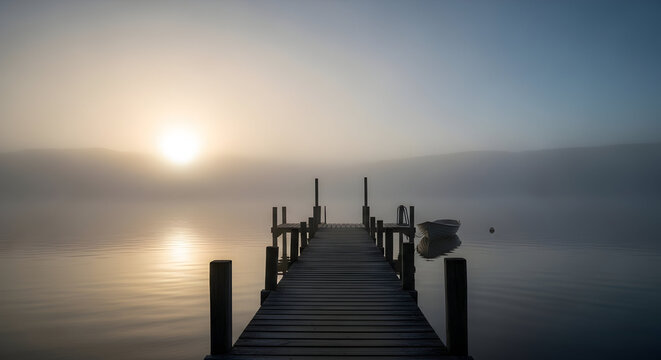 Wooden pier leading into misty lake at sunrise dock