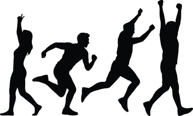 Silhouette, people, running, celebration, teamwork, victory, motion, energy, success, outdoor, fitness, dynamic, pose, active, lifestyle, joy, achievement, exercise, sports, freedom