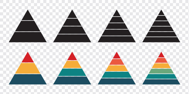 Triangular pyramid infographic vector icon set. Pyramid infographic templates collection. Pyramid charts with 3, 4, 5, 6, 7, 8 steps, options, layers, levels. Development level infographic. 