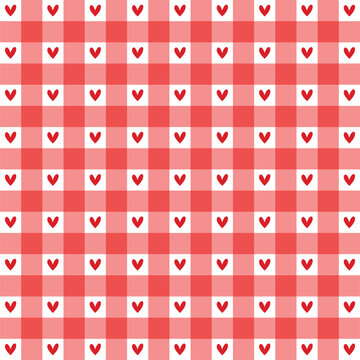 Seamless romantic red gingham plaid background with tiny heart shapes. Love textile pattern for wrapping paper, wedding, Valentine, or romantic invitation. Cute checkered digital vector illustration.