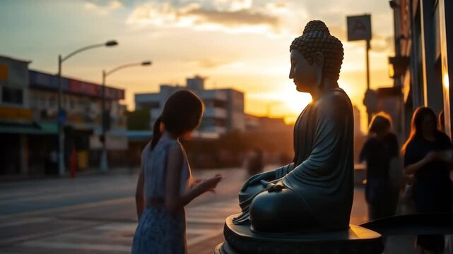 A seated Buddha statue at sunset or sunrise. A clear sky symbolizes a peaceful mindset. 4k video