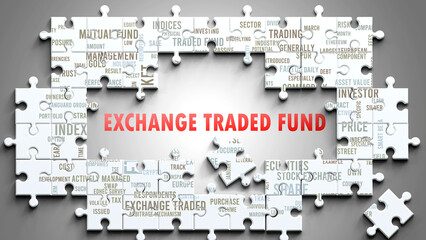 Exchange Traded Fund as a complex subject, related to important topics. Pictured as a puzzle and a word cloud made of most important ideas and phrases related to exchange traded fund. ,3d illustration