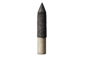 Vertical pyrotechnic rocket firework with a white base and a grey top, set against a transparent background for simple blending